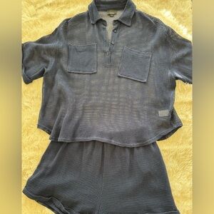 Lumiere Textured Navy BlueTwo-Piece Set - see through top and lined shorts.